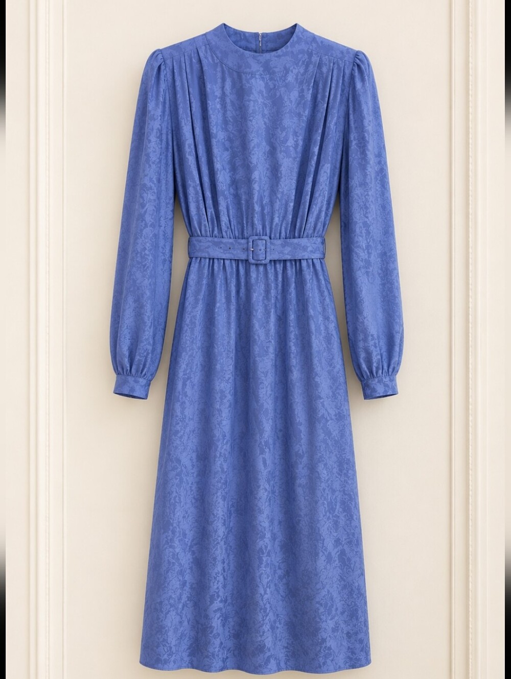 Vintage Periwinkle Blue 90's Silk Belted Dress with Cuffed Sleeves & Side Slit - Picture 11 of 12